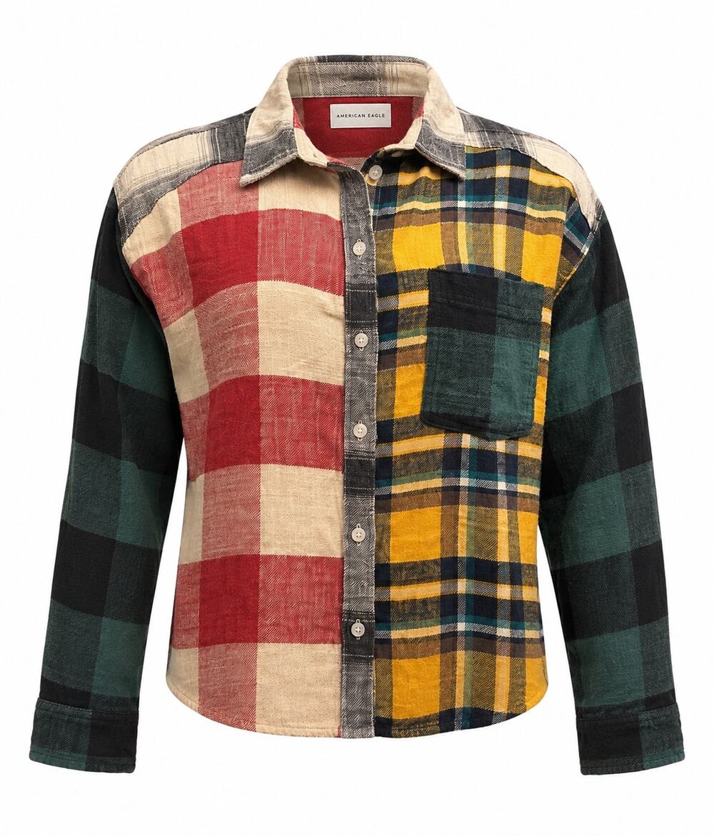American Eagle Women’s Patchwork Flannel Medium Plaid Grunge Indie Boho